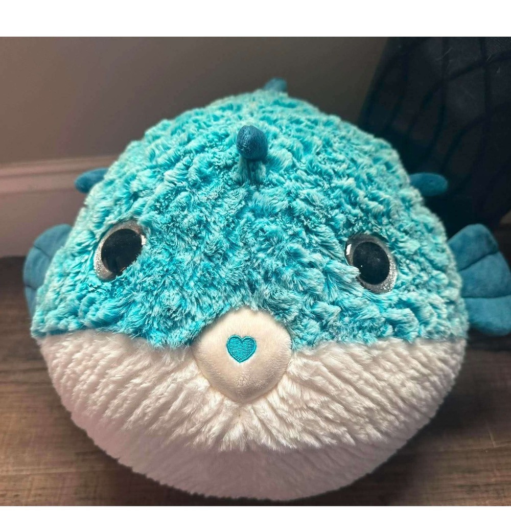 Walmart Blue Pufferfish Plush Stuffed Animal Shaggy Fur Heart Nose Glitter Eyes